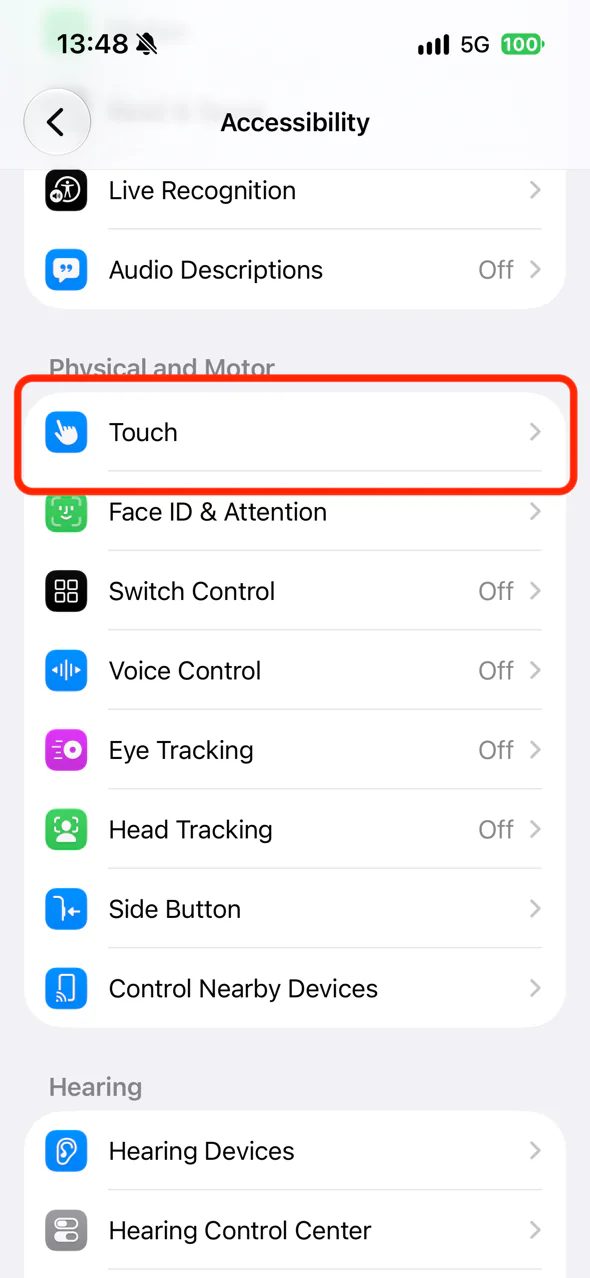 The Touch item under Accessibility