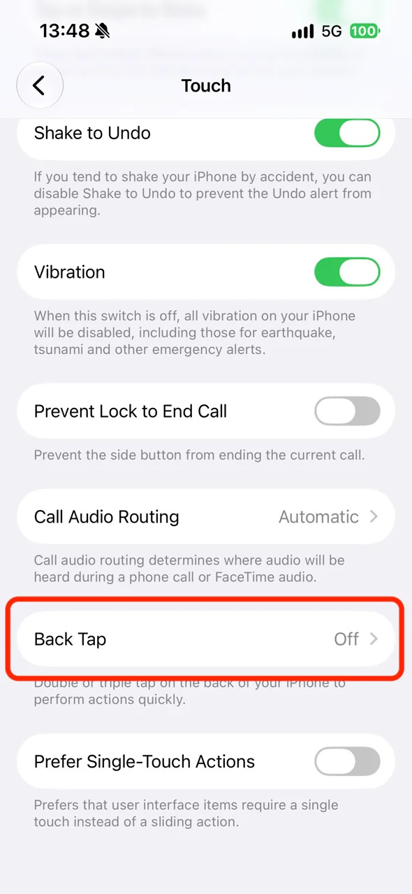 The Back Tap item on the Touch screen