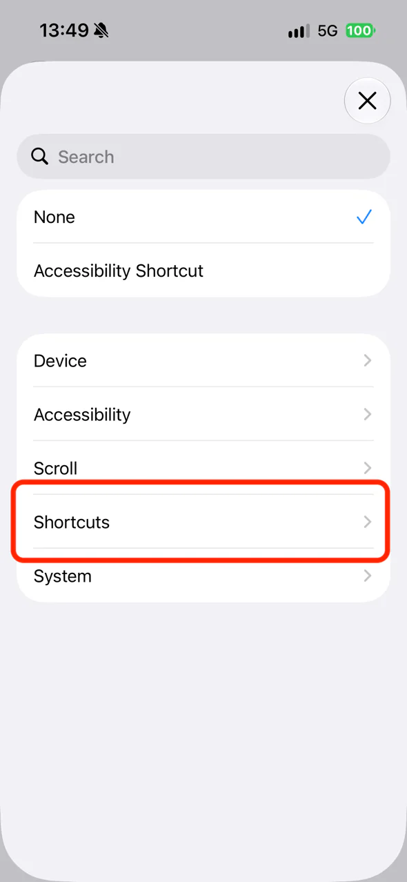 The Shortcuts category in the list of Double Tap actions
