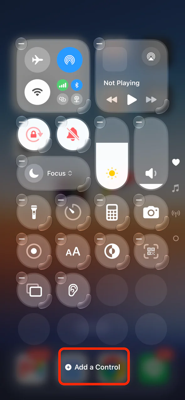 The Add a Control button on the Control Center editing screen