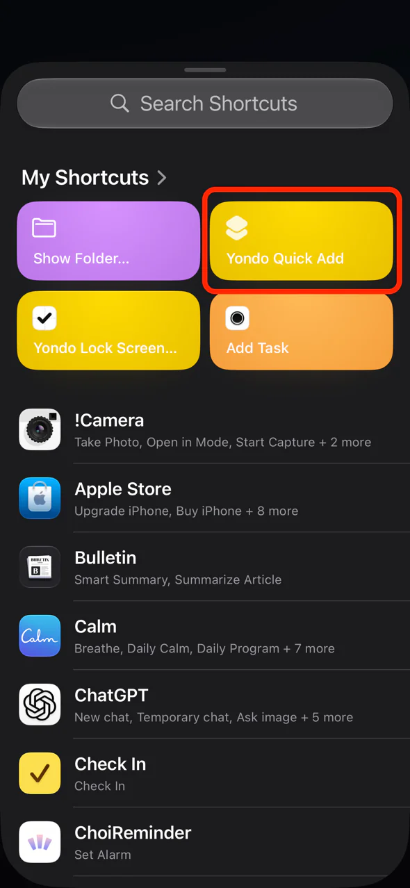Yondo Quick Add in the list of shortcuts