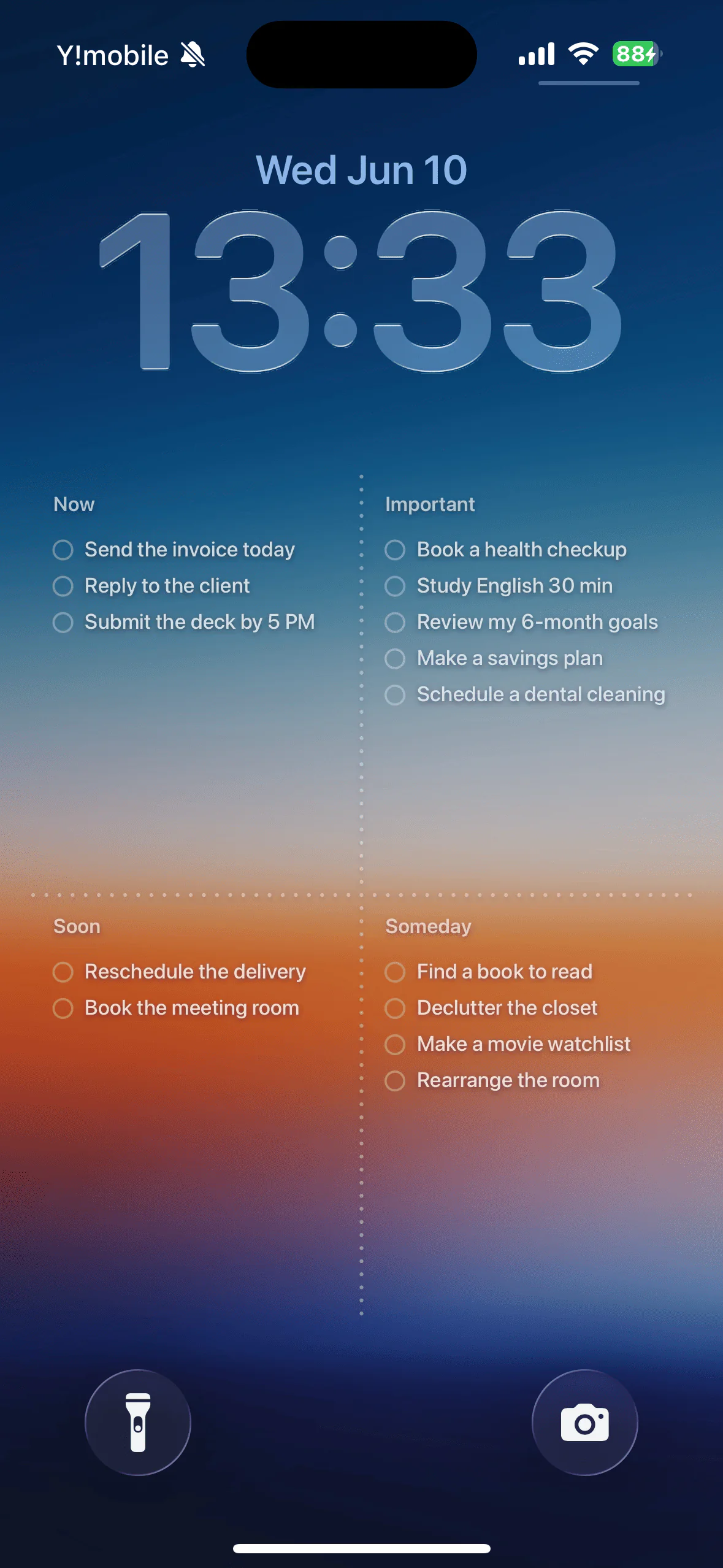 Lock screen wallpaper showing tasks in four quadrants