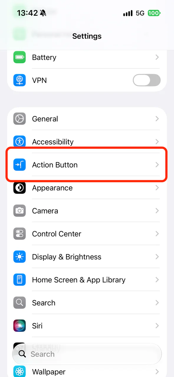 iPhone 설정의 동작 버튼 항목