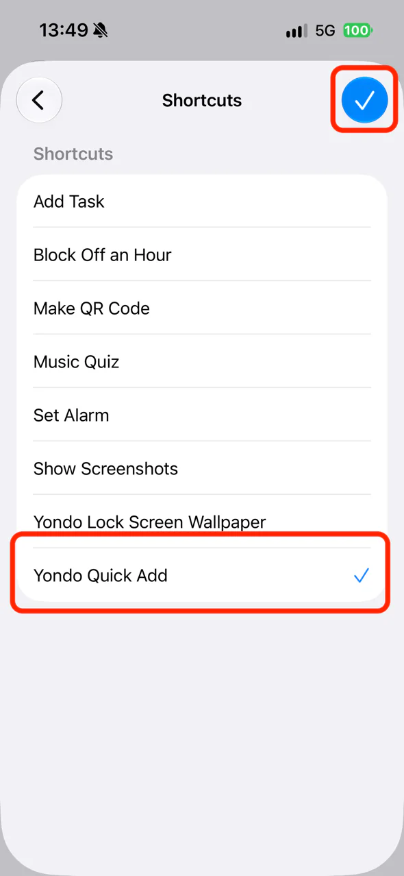 捷徑列表中已選擇 Yondo 快速新增，右上角有勾號的畫面